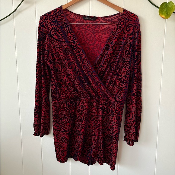 Honey Punch Burnout Velvet Paisley Faux Wrap Romper | Size Small - Picture 2 of 7